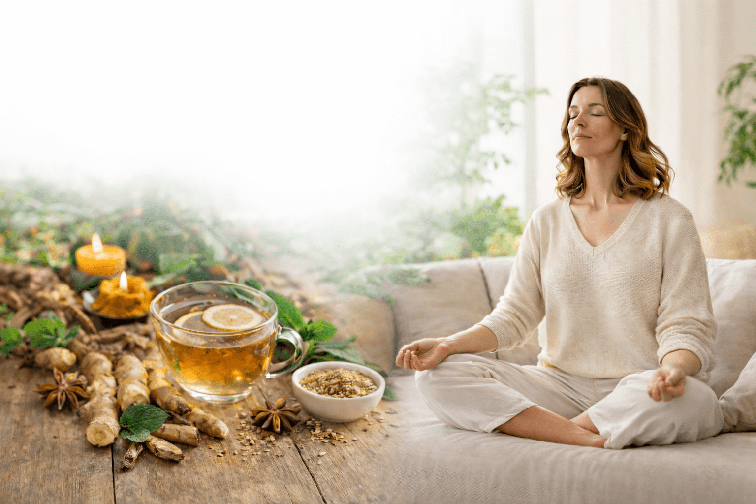 Ayurvedic remedies for stress and digestion including herbal tea and calming environment