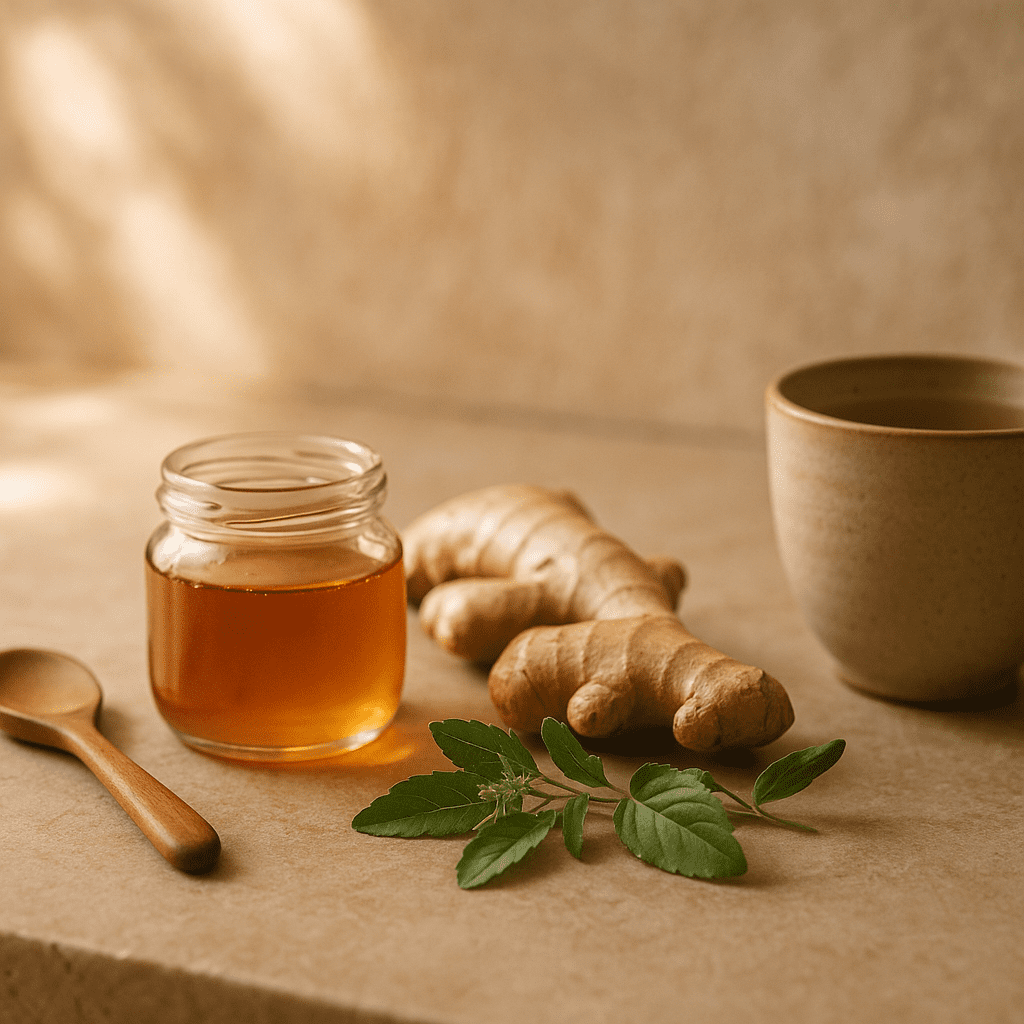 Honey in Ayurveda shown with raw honey, ginger, and warm water on a kitchen counter