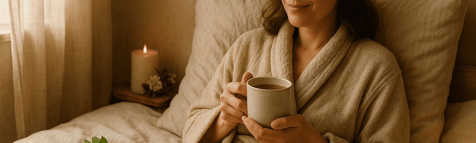 Mother enjoying Ayurveda wellness tips at home with herbal tea and abhyanga oil