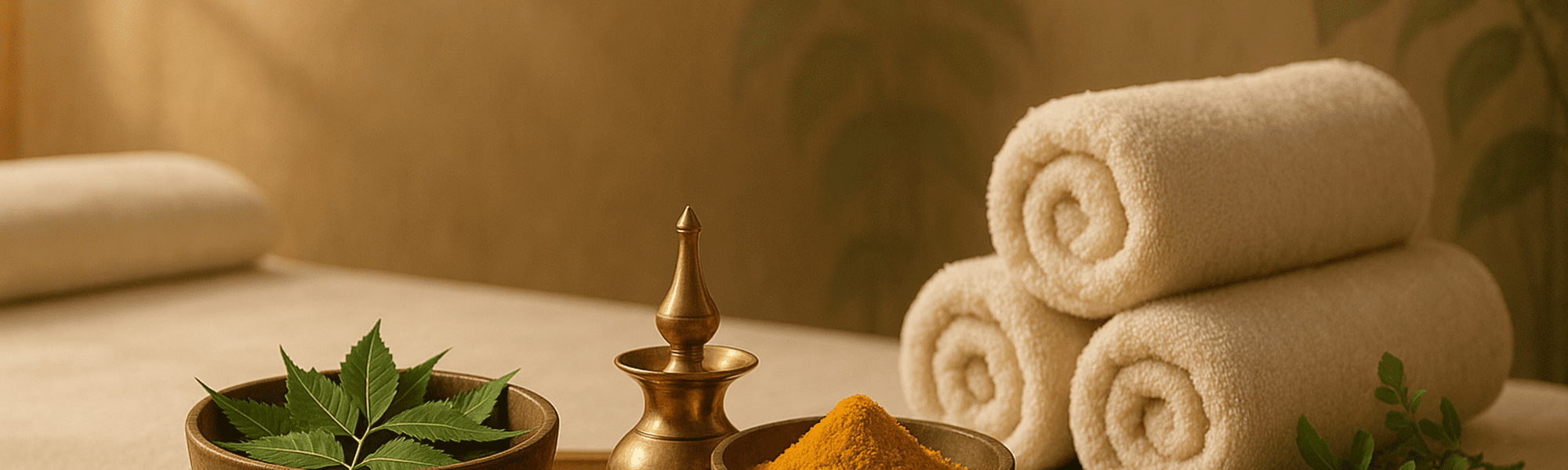 Ayurvedic treatment for eczema with neem and turmeric in a calm wellness setting