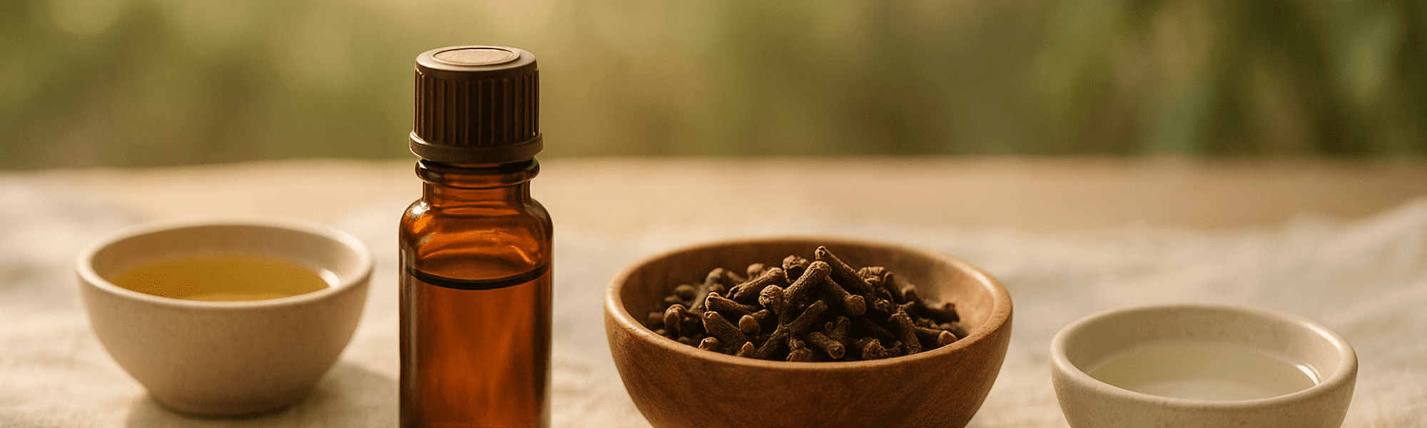 Clove oil benefits shown with clove essential oil bottle and dried cloves in an Ayurvedic setting