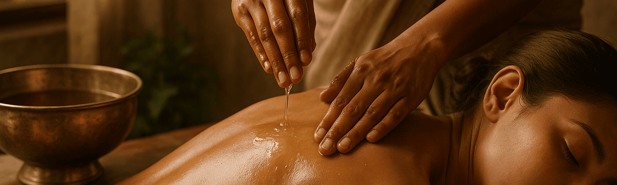 Ayurvedic oil massage for muscle pain relief in a calm wellness setting